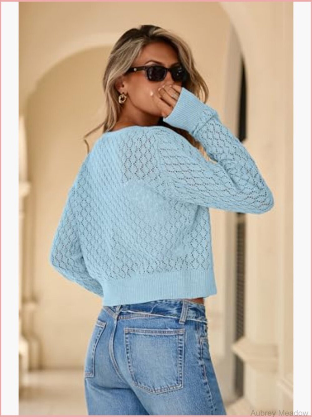 Crochet Tie Front Cardigan Shrug Long Sleeve Knit Crop Top - Picture 4 of 7